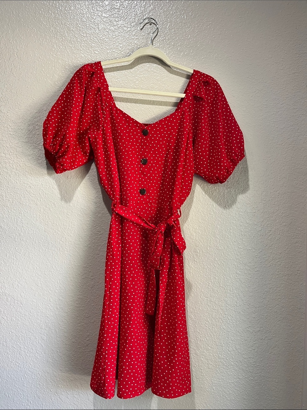 Monteau Red Polka Dot Puff Sleeve Mini Dress  Waist Tie Sz M Retro Boho Chic